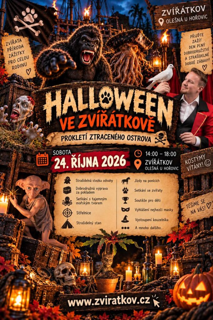 Plakát Halloween ve Zvířátkově 2026 – Prokletí ztraceného ostrova, sobota 24. října 2026, 14:00–18:00, Olešná u Hořovic